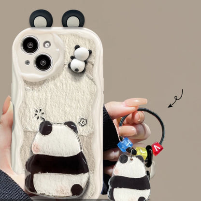 Cute Panda Wavy Edge Phone Case for iPhone All 17 16 15 14 13 12 11 X Series Models With Fold Panda Airbag Bracket Lanyard