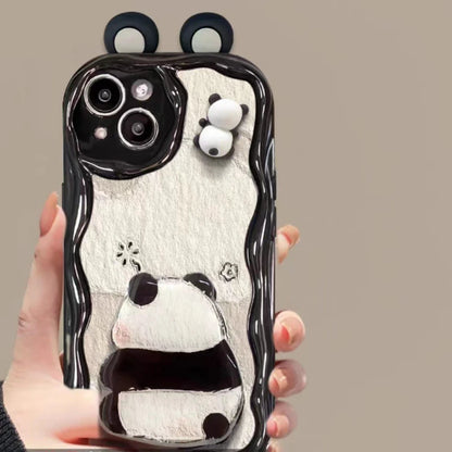 Cute Panda Wavy Edge Phone Case for iPhone All 17 16 15 14 13 12 11 X Series Models With Fold Panda Airbag Bracket Lanyard