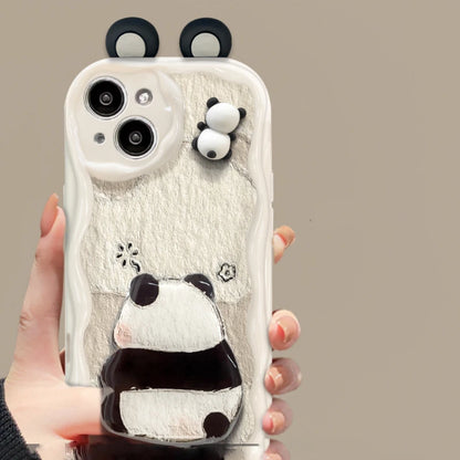 Cute Panda Wavy Edge Phone Case for iPhone All 17 16 15 14 13 12 11 X Series Models With Fold Panda Airbag Bracket Lanyard