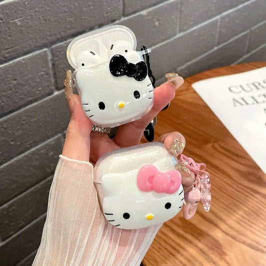 Cute Pink Black KT Cat Cover for AirPods 4 Cartoon Earphone Case for Airpods Pro2 Pro 3 2 1 Protective Cover with Keychain
