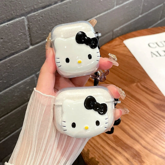 Cute Pink Black KT Cat Cover for AirPods 4 Cartoon Earphone Case for Airpods Pro2 Pro 3 2 1 Protective Cover with Keychain