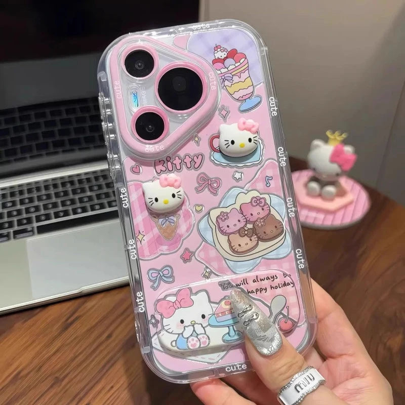 Cute Pink Kitty With Mirror Kickstand Case For iPhone 17 16 15 14 13 12 11 X Series Models