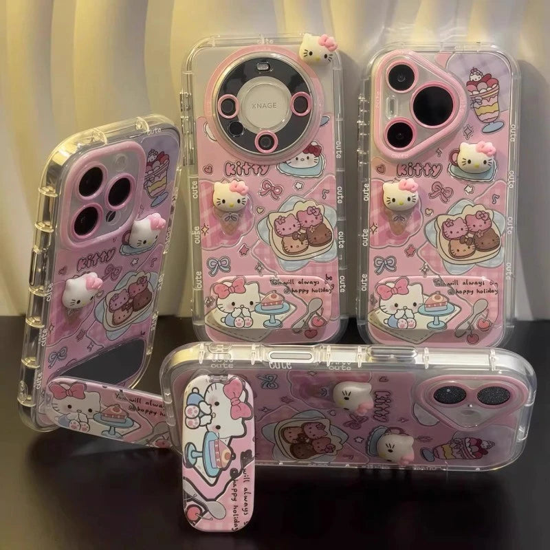 Cute Pink Kitty With Mirror Kickstand Case For iPhone 17 16 15 14 13 12 11 X Series Models