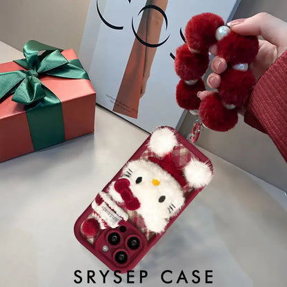Cute Plush Bow Kitty Cat Phone Case For iPhone Leather Cover With Velvet Ball Charm Bracelet