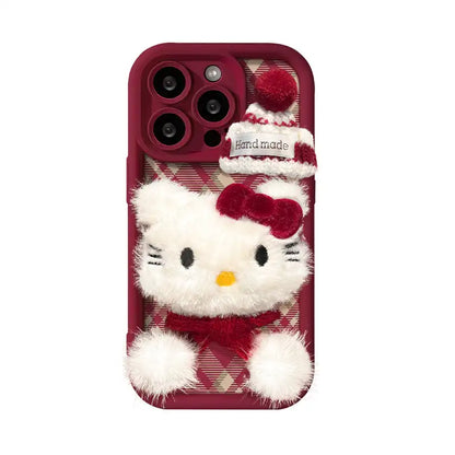 Cute Plush Bow Kitty Cat Phone Case For iPhone Leather Cover With Velvet Ball Charm Bracelet