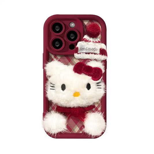 Cute Plush Bow Kitty Cat Phone Case For iPhone Leather Cover With Velvet Ball Charm Bracelet