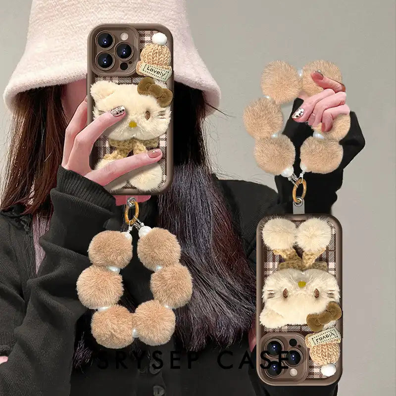 Cute Plush Bow Kitty Cat Phone Case For iPhone Leather Cover With Velvet Ball Charm Bracelet