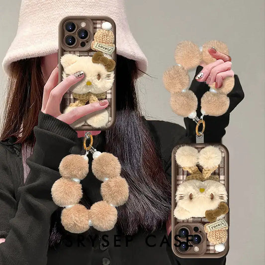 Cute Plush Kitty Cat Phone Case For iPhone Leather Cover With Velvet Ball Charm Bracelet
