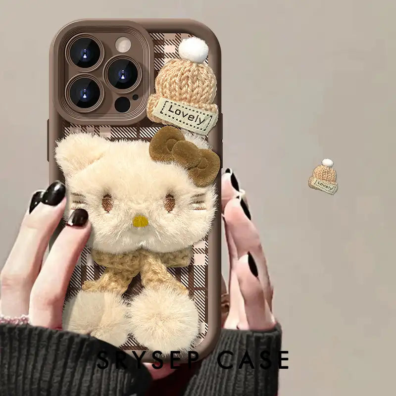 Cute Plush Bow Kitty Cat Phone Case For iPhone Leather Cover With Velvet Ball Charm Bracelet