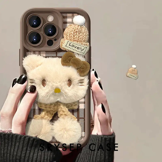 Cute Plush Kitty Cat Phone Case For iPhone Leather Cover With Velvet Ball Charm Bracelet