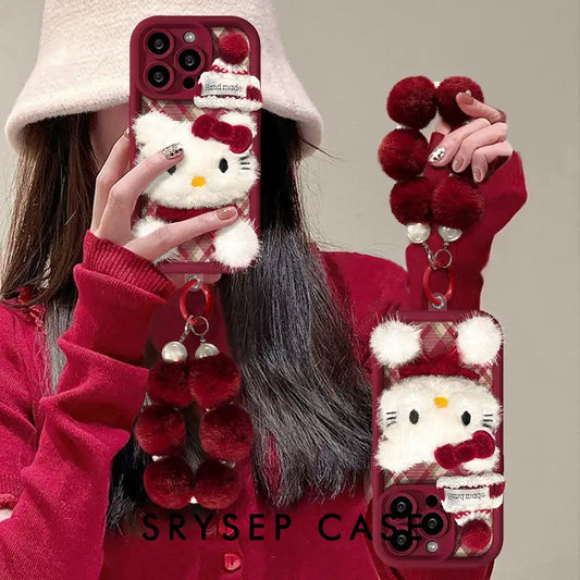 Cute 3D Plush Cat Back Cover For iPhone Case With Kitty Velvet Bracelet