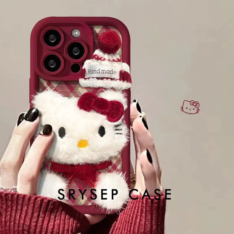 Cute Plush Bow Kitty Cat Phone Case For iPhone Leather Cover With Velvet Ball Charm Bracelet