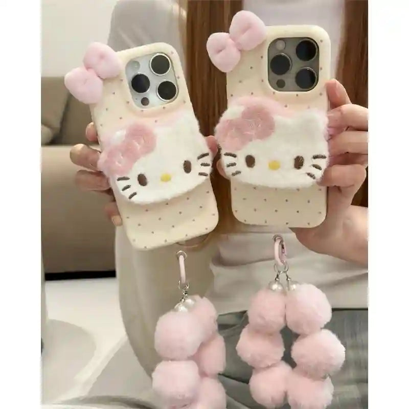 Cute Plush Bow Kitty Kickstand With Velvet Charm Phone Case for iPhone 17 16 15 14 13 12 11 Series