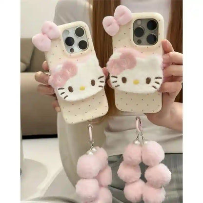 Cute Plush Bow Kitty Kickstand With Velvet Charm Phone Case for iPhone 17 16 15 14 13 12 11 Series