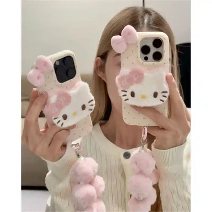 Cute Plush Bow Kitty Kickstand With Velvet Charm Phone Case for iPhone 17 16 15 14 13 12 11 Series