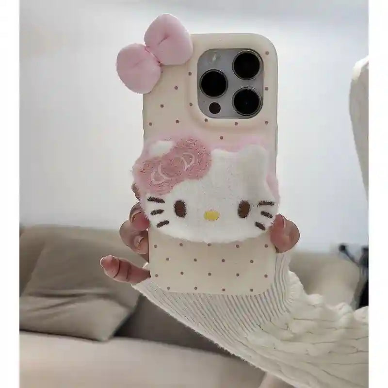 Cute Plush Bow Kitty Kickstand With Velvet Charm Phone Case for iPhone 17 16 15 14 13 12 11 Series