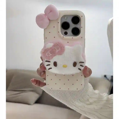 Cute Plush Bow Kitty Kickstand With Velvet Charm Phone Case for iPhone 17 16 15 14 13 12 11 Series