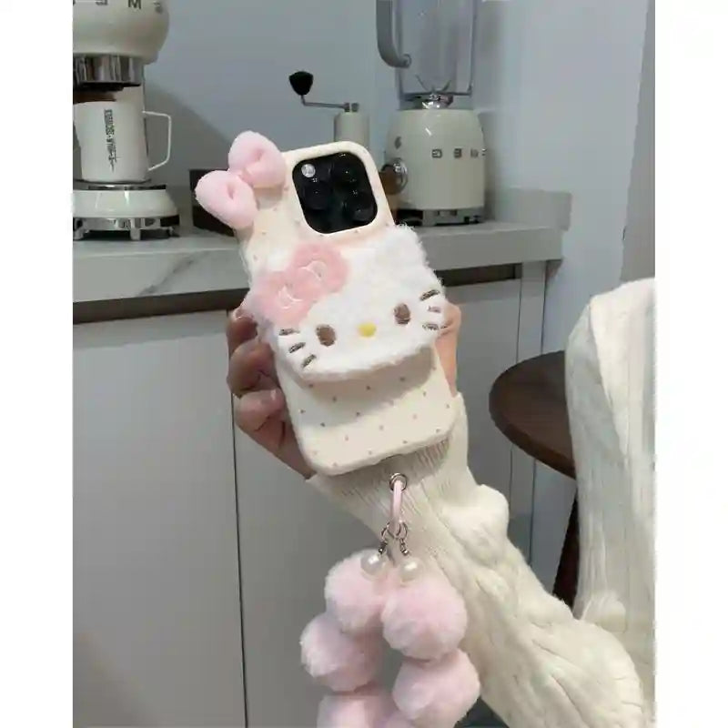 Cute Plush Bow Kitty Kickstand With Velvet Charm Phone Case for iPhone 17 16 15 14 13 12 11 Series