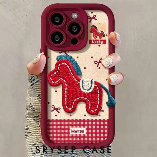 Cute Plush Lucky Horse Leather Phone Case for iPhone Bow Cover With Charm