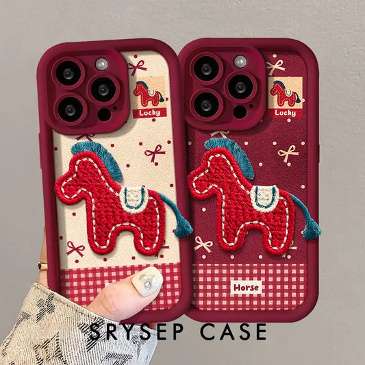 Cute Plush Lucky Horse Leather Phone Case for iPhone Bow Cover With Charm