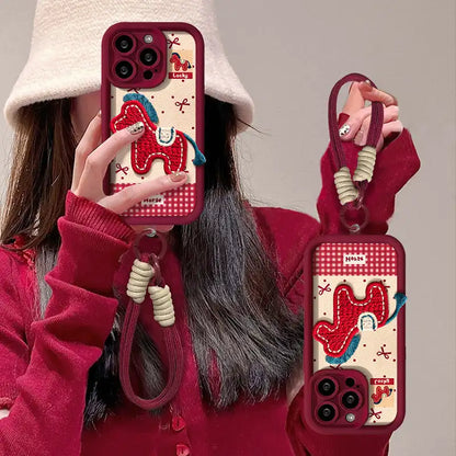 Cute Plush Lucky Horse Leather Phone Case for iPhone Bow Cover With Charm