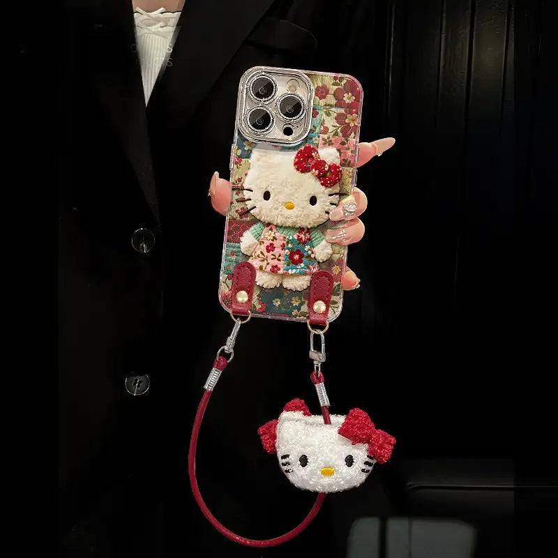 Cute Plush Kitty Floral Phone Case for iPhone Clear Cover With Lanyard Charm