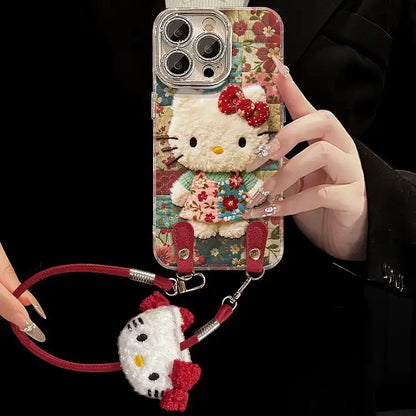 Cute Plush Kitty Floral Phone Case for iPhone Clear Cover With Lanyard Charm