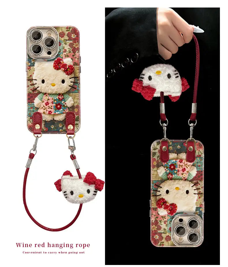 Cute Plush Kitty Floral Phone Case for iPhone Clear Cover With Lanyard Charm