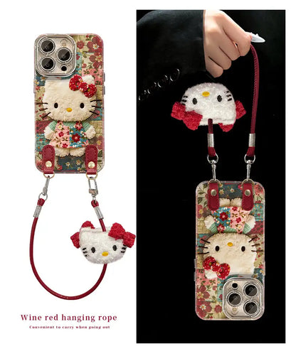Cute Plush Kitty Floral Phone Case for iPhone Clear Cover With Lanyard Charm