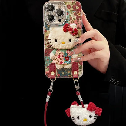 Cute Plush Kitty Floral Phone Case for iPhone Clear Cover With Lanyard Charm