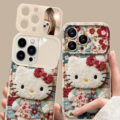 Cute Plush Kitty Floral Phone Case for iPhone Makeup Mirror Silicone Cover With Phone Charm