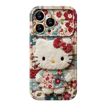 Cute Plush Kitty Floral Phone Case for iPhone Makeup Mirror Silicone Cover With Phone Charm