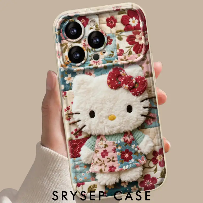 Cute Plush Kitty Floral Phone Case for iPhone Makeup Mirror Silicone Cover With Phone Charm