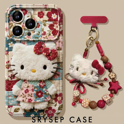 Cute Plush Kitty Floral Phone Case for iPhone Makeup Mirror Silicone Cover With Phone Charm