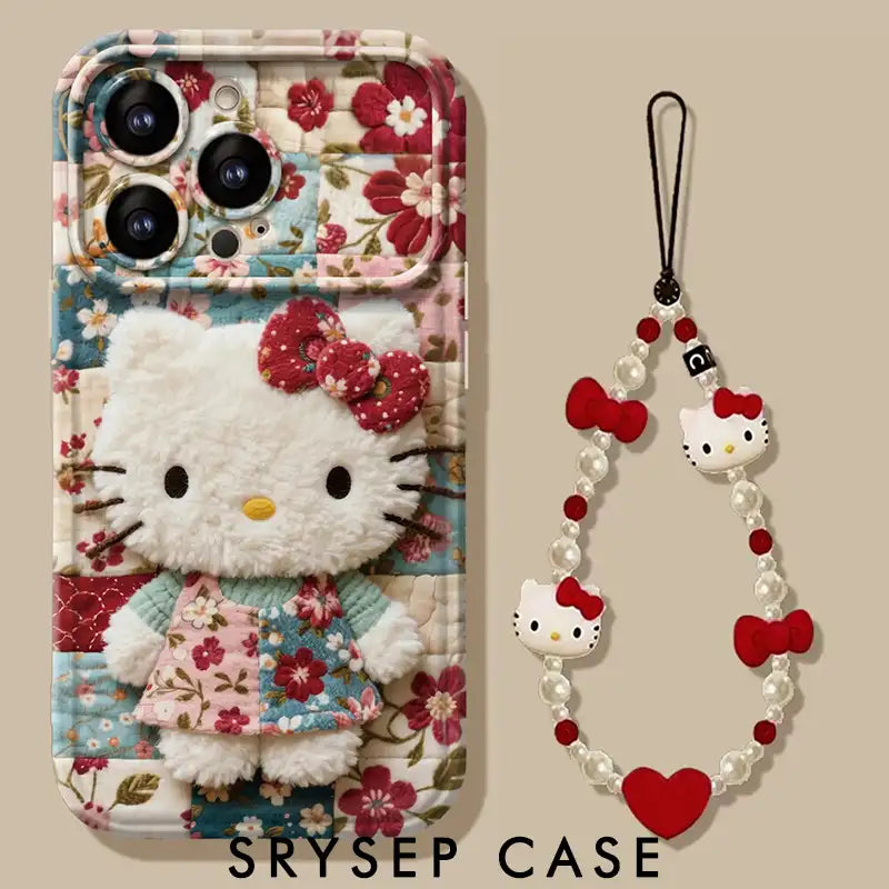 Cute Plush Kitty Floral Phone Case for iPhone Makeup Mirror Silicone Cover With Phone Charm