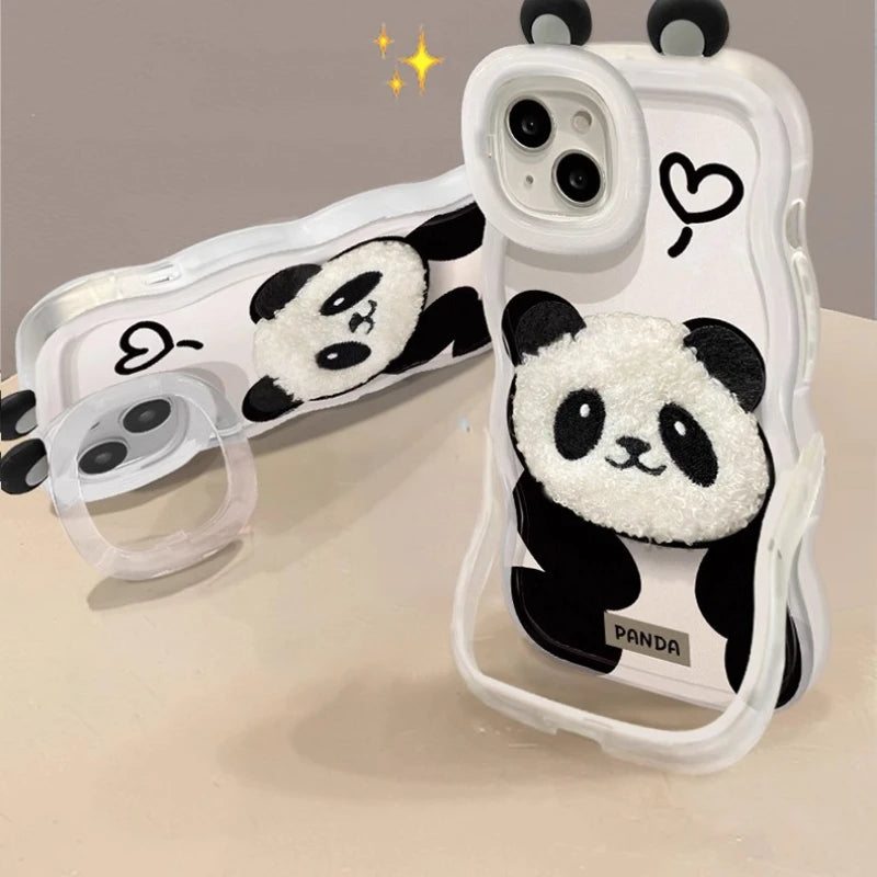 Cute Plush Panda Lanyard Phone Case for iPhone All 17 16 15 14 13 12 11 X Series Models With Invisible Bracket