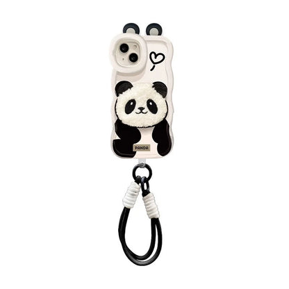 Cute Plush Panda Lanyard Phone Case for iPhone All 17 16 15 14 13 12 11 X Series Models With Invisible Bracket