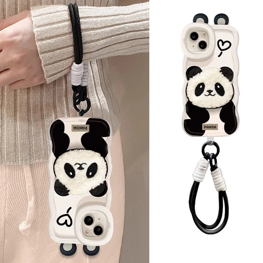 Cute Plush Panda Lanyard Phone Case for iPhone All 17 16 15 14 13 12 11 X Series Models With Invisible Bracket