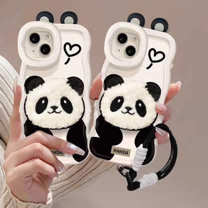Cute Plush Panda Lanyard Phone Case for iPhone All 17 16 15 14 13 12 11 X Series Models With Invisible Bracket