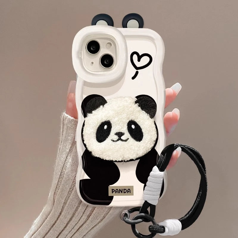 Cute Plush Panda Lanyard Phone Case for iPhone All 17 16 15 14 13 12 11 X Series Models With Invisible Bracket