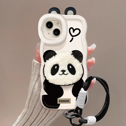 Cute Plush Panda Lanyard Phone Case for iPhone All 17 16 15 14 13 12 11 X Series Models With Invisible Bracket