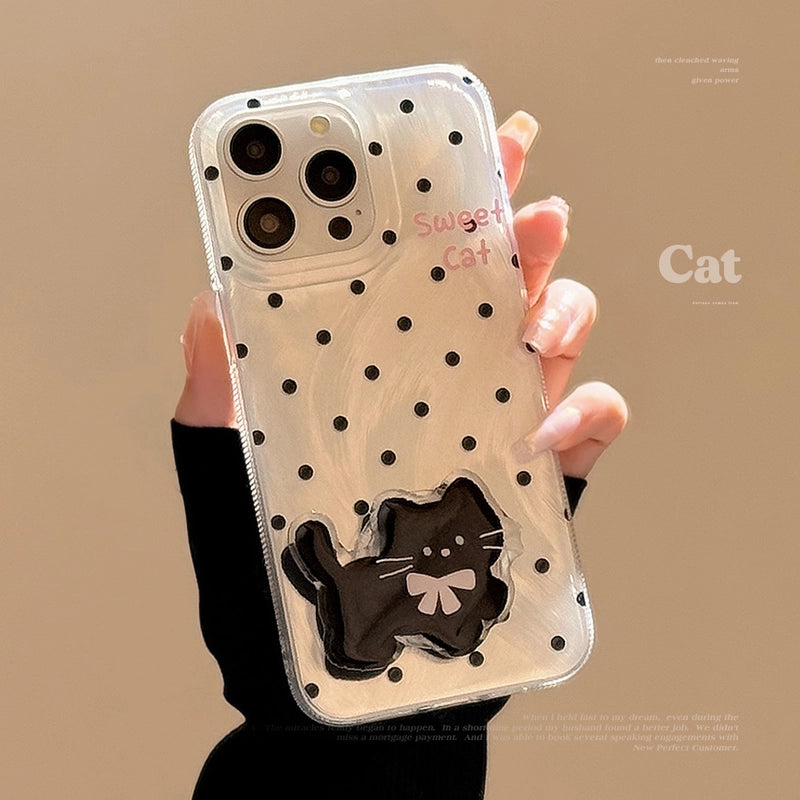 Étui argenté à pois mignons avec chaton et nœud papillon, doté d'une béquille, pour iPhone 17, 16, 15, 14, 13, 12, 11 Pro Max, X, XR, 7 et 8
