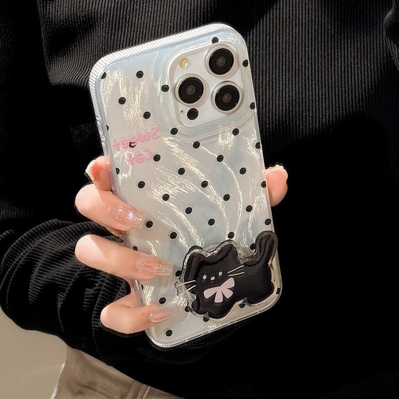 Étui argenté à pois mignons avec chaton et nœud papillon, doté d'une béquille, pour iPhone 17, 16, 15, 14, 13, 12, 11 Pro Max, X, XR, 7 et 8