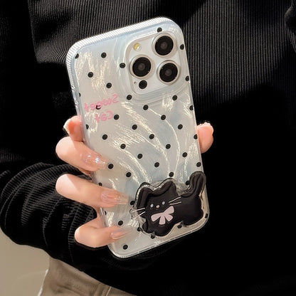Étui argenté à pois mignons avec chaton et nœud papillon, doté d'une béquille, pour iPhone 17, 16, 15, 14, 13, 12, 11 Pro Max, X, XR, 7 et 8