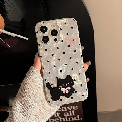 Étui argenté à pois mignons avec chaton et nœud papillon, doté d'une béquille, pour iPhone 17, 16, 15, 14, 13, 12, 11 Pro Max, X, XR, 7 et 8
