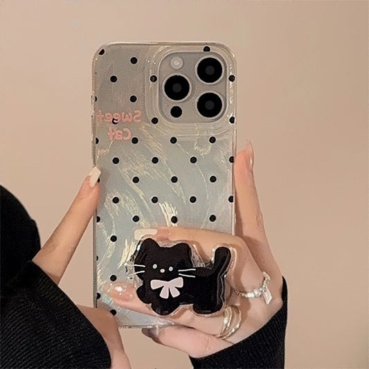 Cute Polka Dot Silver With Bow Tie Kitten Kickstand Case for iPhone 17 16 15 14 13 12 11 Pro Max X Xr 7 8