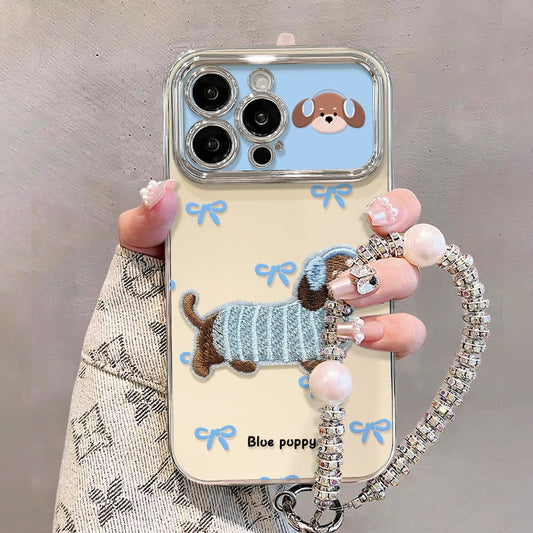 Cute Embroidered Puppy Charm Phone Case for iPhone 17 Air 16 15 14 13 12 11 X Pro Max Plus