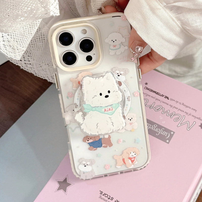 Cute Puppy PopSockets MagSafe TPU Phone Case for iPhone 17 16 15 14 13 12 11 Pro Max Plus 17 Air XR XS SE 8 7 Magnetic Dog Kickstand