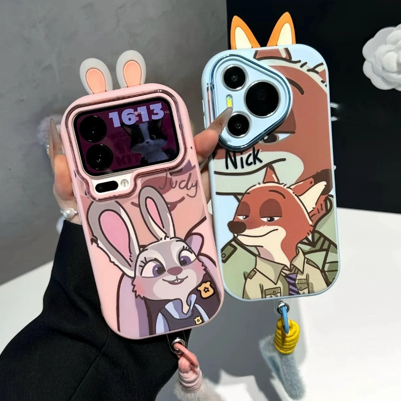 Cute Rabbit Fox Plush Lanyard Rope Cartoon Phone Case For All iPhone 17 Air Pro Max 16 Pro 15 14 13 12 11 Plus Cute Zootop Animals