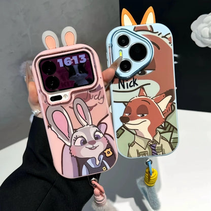 Cute Rabbit Fox Plush Lanyard Rope Cartoon Phone Case For All iPhone 17 Air Pro Max 16 Pro 15 14 13 12 11 Plus Cute Zootop Animals
